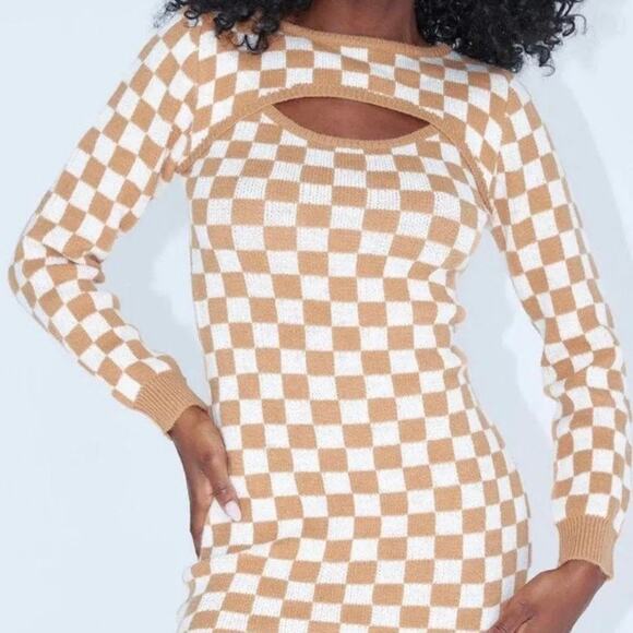 Princess Polly Dana Cut Out Knit Checkered Sweater Mini Dress, Size XS/S - Picture 3 of 11